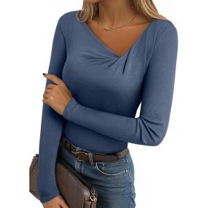 imageEVALESS Women Long Sleeve Pleated V Neck Rib Knit Slim Fit Shirts Basic Tops 2025 Casual TShirt Going Out Workout OutfitsReal Teal