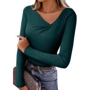 imageEVALESS Women Long Sleeve Pleated V Neck Rib Knit Slim Fit Shirts Basic Tops 2025 Casual TShirt Going Out Workout OutfitsSea Green