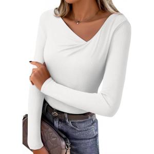 imageEVALESS Women Long Sleeve Pleated V Neck Rib Knit Slim Fit Shirts Basic Tops 2025 Casual TShirt Going Out Workout OutfitsWhite