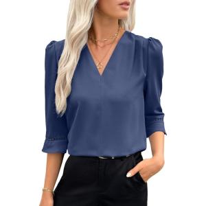 imageEVALESS Womens 34 Sleeve Tops Dressy Casual Pleated V Neck Business Work Blouses Office ShirtsBluing