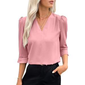 imageEVALESS Womens 34 Sleeve Tops Dressy Casual Pleated V Neck Business Work Blouses Office ShirtsLight Pink