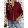 imageEVALESS Womens Zip Up Jacket Roll Tab Sleeve Flap Pocket Drawstring Hem Utility Lightweight Cropped JacketsBurgundy
