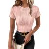 imageEVALESS Womens Short Sleeve Textured Tops Crewneck Knit Solid Loose Casual Basic T Shirts Tee BlousesB Pink