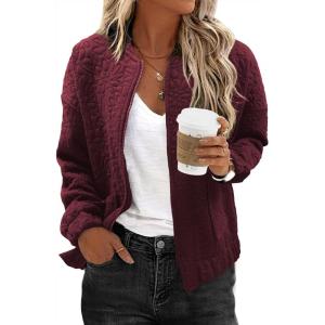 imageEVALESS Bomber Jackets for Women Spring Fashion 2025 Cute Jacquard Coats Lightweight Zip Up Jackets Dressy CasualBurgundy
