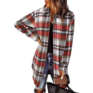 imageEVALESS Color Block Plaid Shacket Jacket Womens Fall Clothes Fashion OutfitsB3 New Red