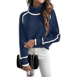 imageEVALESS Fall Sweaters for Women Trendy 2025 Cute Cozy Turtleneck Long Sleeve Colorblock Knitted Pullover TopsNavy Blue