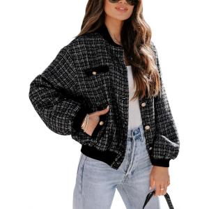 imageEVALESS Fashion Jacket for Women 2024 Fall Winter Trendy Button Short Shacket Long Sleeve Plaid Cropped JacketsBlack