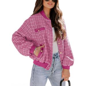 imageEVALESS Fashion Jacket for Women 2024 Fall Winter Trendy Button Short Shacket Long Sleeve Plaid Cropped JacketsBright Pink