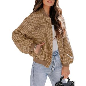 imageEVALESS Fashion Jacket for Women 2024 Fall Winter Trendy Button Short Shacket Long Sleeve Plaid Cropped JacketsSmoke Gray