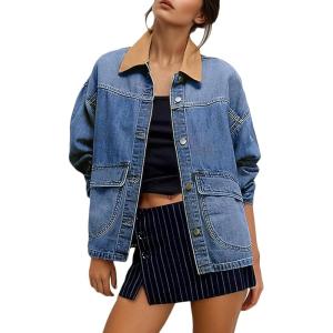 imageEVALESS Jean Jacket Women Trendy Color Block Denim Jacket Oversized Long Sleeve Button Down Barn Jackets Shacket CoatBeau Blue