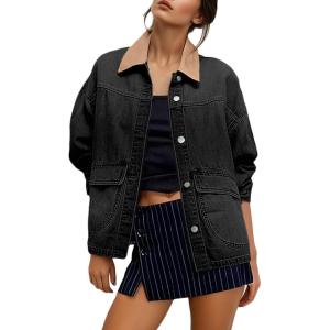 imageEVALESS Jean Jacket Women Trendy Color Block Denim Jacket Oversized Long Sleeve Button Down Barn Jackets Shacket CoatBlack