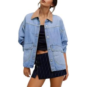 imageEVALESS Jean Jacket Women Trendy Color Block Denim Jacket Oversized Long Sleeve Button Down Barn Jackets Shacket CoatMyosotis