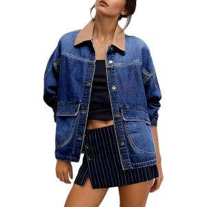 imageEVALESS Jean Jacket Women Trendy Color Block Denim Jacket Oversized Long Sleeve Button Down Barn Jackets Shacket CoatSail Blue