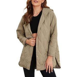 imageEVALESS Long Jackets for Women Fashion 2025 Winter Coat for Women Business Casual Diamond Quilted Hooded Lightweight JacketsKhaki