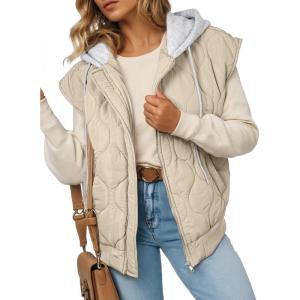imageEVALESS Puffer Vest Women Cropped Hooded Zip Up Quilted Sleeveless Jackets 2025 Fall Lightweight Coat with PocketsBeige