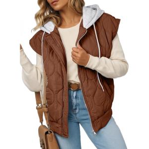 imageEVALESS Puffer Vest Women Cropped Hooded Zip Up Quilted Sleeveless Jackets 2025 Fall Lightweight Coat with PocketsBrown