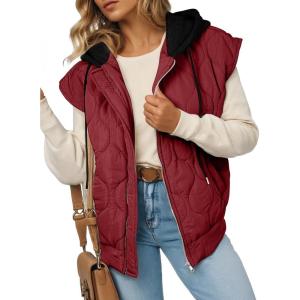 imageEVALESS Puffer Vest Women Cropped Hooded Zip Up Quilted Sleeveless Jackets 2025 Fall Lightweight Coat with PocketsBurgundy