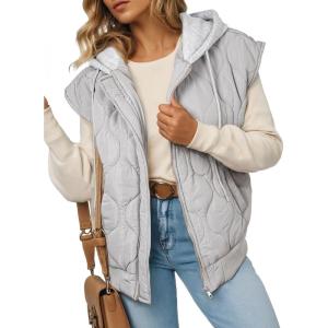 imageEVALESS Puffer Vest Women Cropped Hooded Zip Up Quilted Sleeveless Jackets 2025 Fall Lightweight Coat with PocketsGrey