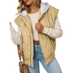 imageEVALESS Puffer Vest Women Cropped Hooded Zip Up Quilted Sleeveless Jackets 2025 Fall Lightweight Coat with PocketsLight Khaki