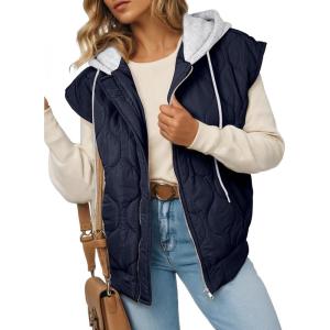 imageEVALESS Puffer Vest Women Cropped Hooded Zip Up Quilted Sleeveless Jackets 2025 Fall Lightweight Coat with PocketsNavy Blue