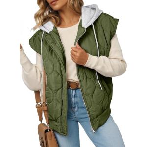 imageEVALESS Puffer Vest Women Cropped Hooded Zip Up Quilted Sleeveless Jackets 2025 Fall Lightweight Coat with PocketsOlive Green