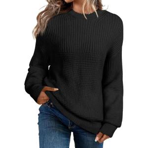 imageEVALESS Sweaters for Women Cute Lantern Sleeve Pullover Sweater Cable Knit Tops Fall Fashion Clothes Teacher OutfitsBlack