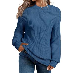 imageEVALESS Sweaters for Women Cute Lantern Sleeve Pullover Sweater Cable Knit Tops Fall Fashion Clothes Teacher OutfitsBlue