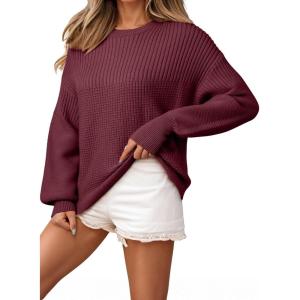 imageEVALESS Sweaters for Women Cute Lantern Sleeve Pullover Sweater Cable Knit Tops Fall Fashion Clothes Teacher OutfitsBurgundy