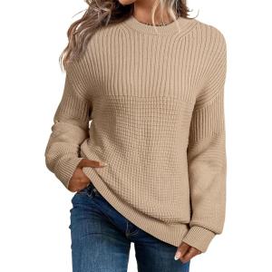 imageEVALESS Sweaters for Women Cute Lantern Sleeve Pullover Sweater Cable Knit Tops Fall Fashion Clothes Teacher OutfitsKhaki