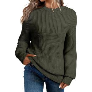 imageEVALESS Sweaters for Women Cute Lantern Sleeve Pullover Sweater Cable Knit Tops Fall Fashion Clothes Teacher OutfitsMoss Green