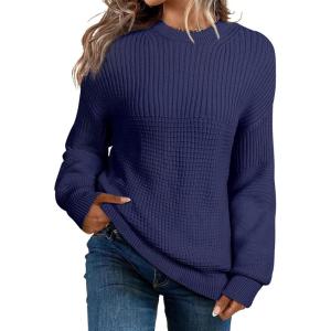 imageEVALESS Sweaters for Women Cute Lantern Sleeve Pullover Sweater Cable Knit Tops Fall Fashion Clothes Teacher OutfitsNavy Blue