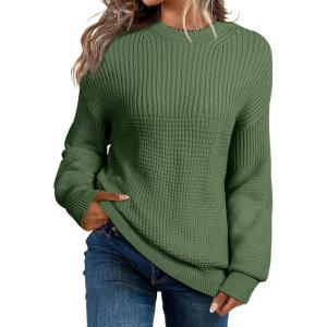 imageEVALESS Sweaters for Women Cute Lantern Sleeve Pullover Sweater Cable Knit Tops Fall Fashion Clothes Teacher OutfitsVineyard Green