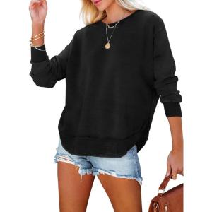 imageEVALESS Sweatshirt for Women Crewneck Long Sleeve Side Split Tops Casual Solid Color Loose Pullover Shirts 2025 ClothesBlack