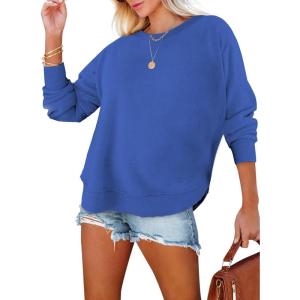 imageEVALESS Sweatshirt for Women Crewneck Long Sleeve Side Split Tops Casual Solid Color Loose Pullover Shirts 2025 ClothesBlue