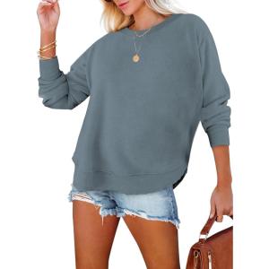 imageEVALESS Sweatshirt for Women Crewneck Long Sleeve Side Split Tops Casual Solid Color Loose Pullover Shirts 2025 ClothesBlue Gray