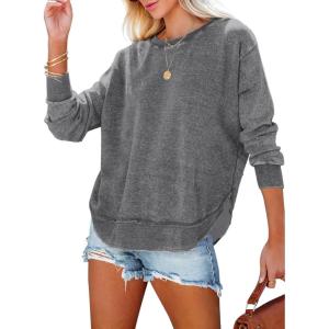 imageEVALESS Sweatshirt for Women Crewneck Long Sleeve Side Split Tops Casual Solid Color Loose Pullover Shirts 2025 ClothesGray
