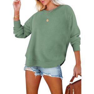 imageEVALESS Sweatshirt for Women Crewneck Long Sleeve Side Split Tops Casual Solid Color Loose Pullover Shirts 2025 ClothesGreen