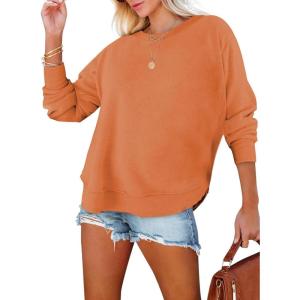 imageEVALESS Sweatshirt for Women Crewneck Long Sleeve Side Split Tops Casual Solid Color Loose Pullover Shirts 2025 ClothesOrange