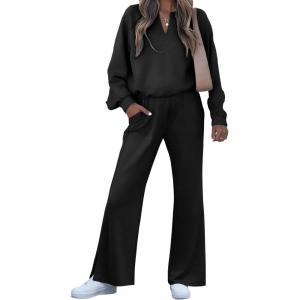imageEVALESS Two Piece Sets for Women V Neck Long Sleeve Sweatshirts and Wide Leg Pants Sweatsuits Matching Sets Women ClothingBlack