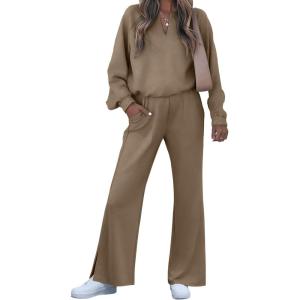 imageEVALESS Two Piece Sets for Women V Neck Long Sleeve Sweatshirts and Wide Leg Pants Sweatsuits Matching Sets Women ClothingCoffee