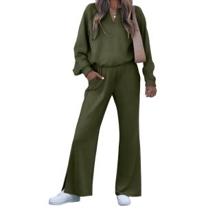 imageEVALESS Two Piece Sets for Women V Neck Long Sleeve Sweatshirts and Wide Leg Pants Sweatsuits Matching Sets Women ClothingFour Leaf Clover