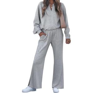 imageEVALESS Two Piece Sets for Women V Neck Long Sleeve Sweatshirts and Wide Leg Pants Sweatsuits Matching Sets Women ClothingGray