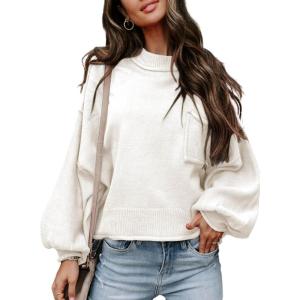 imageEVALESS Womens 2024 Lantern Long Sleeve Crewneck Sweater Casual Solid Color Ribbed Hem Knitwear Pullover Cropped TopsWhite