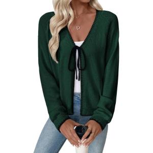 imageEVALESS Womens Cardigan Sweaters Trendy V Neck Long Sleeve Open Front Bow Tie Knit Chunky Lightweight Fall OuterwearGreen