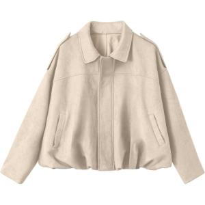 imageEVALESS Womens Faux Suede Bomber Jackets Long Sleeve Fall Coats Zip Up Cropped Jacket Trendy Winter Warm OuterwearBeige
