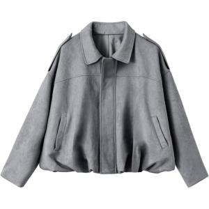 imageEVALESS Womens Faux Suede Bomber Jackets Long Sleeve Fall Coats Zip Up Cropped Jacket Trendy Winter Warm OuterwearMedium Grey