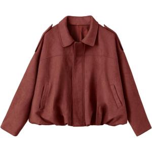 imageEVALESS Womens Faux Suede Bomber Jackets Long Sleeve Fall Coats Zip Up Cropped Jacket Trendy Winter Warm OuterwearRed Sandalwood