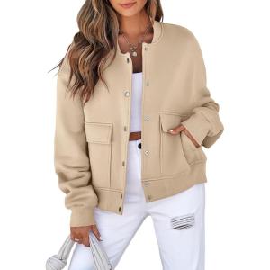imageEVALESS Womens Jacket 2025 Fall Winter Long Sleeve Stand Collar Shacket with Side Pocket Lightweight CoatBeige