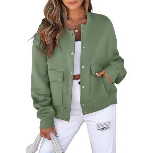 imageEVALESS Womens Jacket 2025 Fall Winter Long Sleeve Stand Collar Shacket with Side Pocket Lightweight CoatLaurel Green
