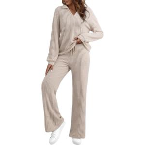 imageEVALESS Womens Pajama Sets Long Sleeve Sleepwear Matching Drawstring Elastic Pj Pants Ribbed Knit 2 Piece Lounge SetApricot